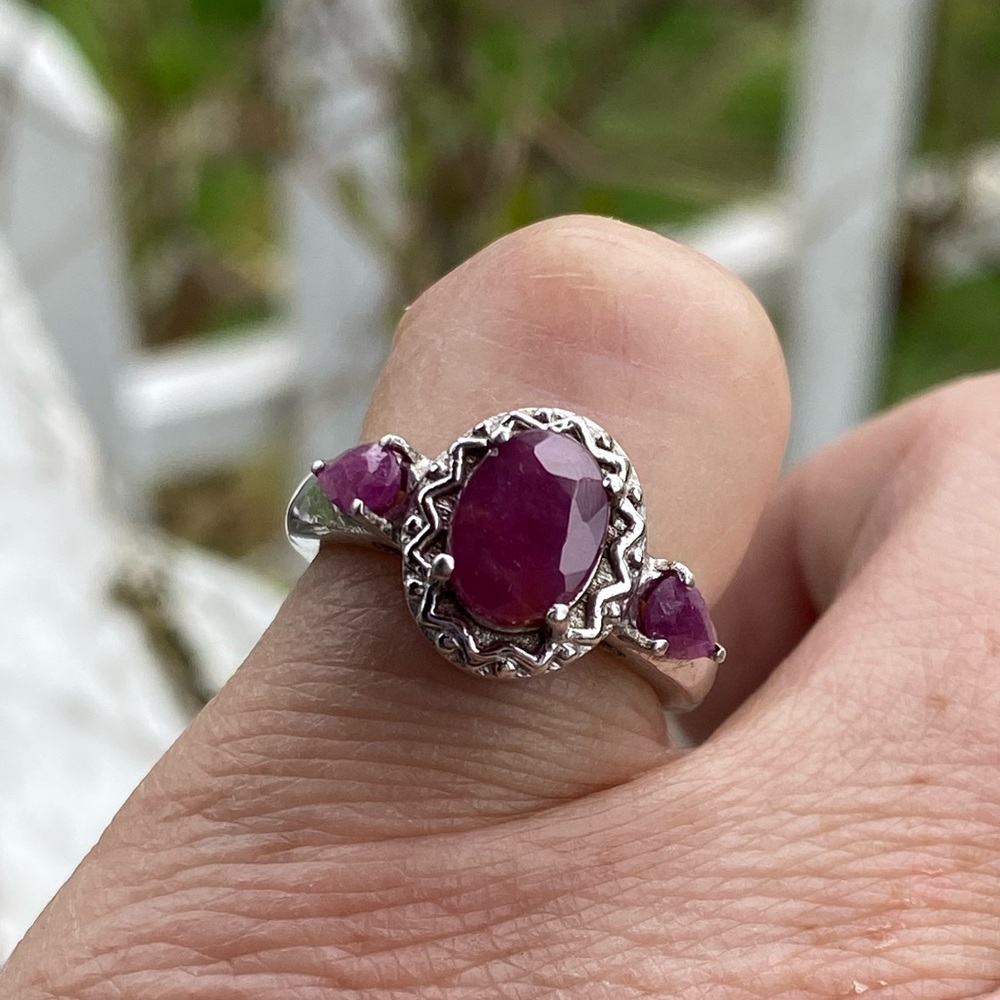 Genuine Ruby Ring Solid 925 Sterling Silver 3 Sto… - image 2